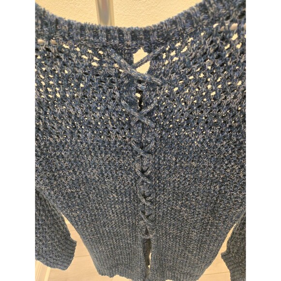 Lucky Brand Womens Sweater Open Knit Split Back Blue Heather Pullover Size L - Picture 4 of 9
